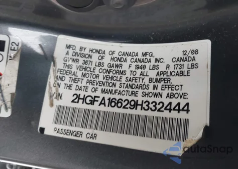 2009 Honda Civic Lx-S from USA, damaged, VIN 2HGFA16629H332444